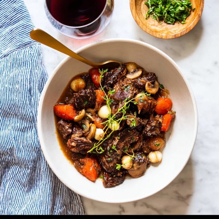 Red Wine Beef Stew with Pearl Onions, Mushrooms, and Bacon Recipe