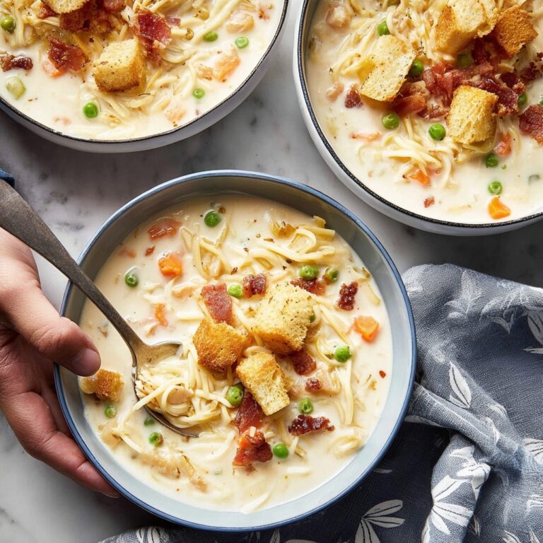 Creamy Chicken Noodle Soup with Mini Croutons Recipe