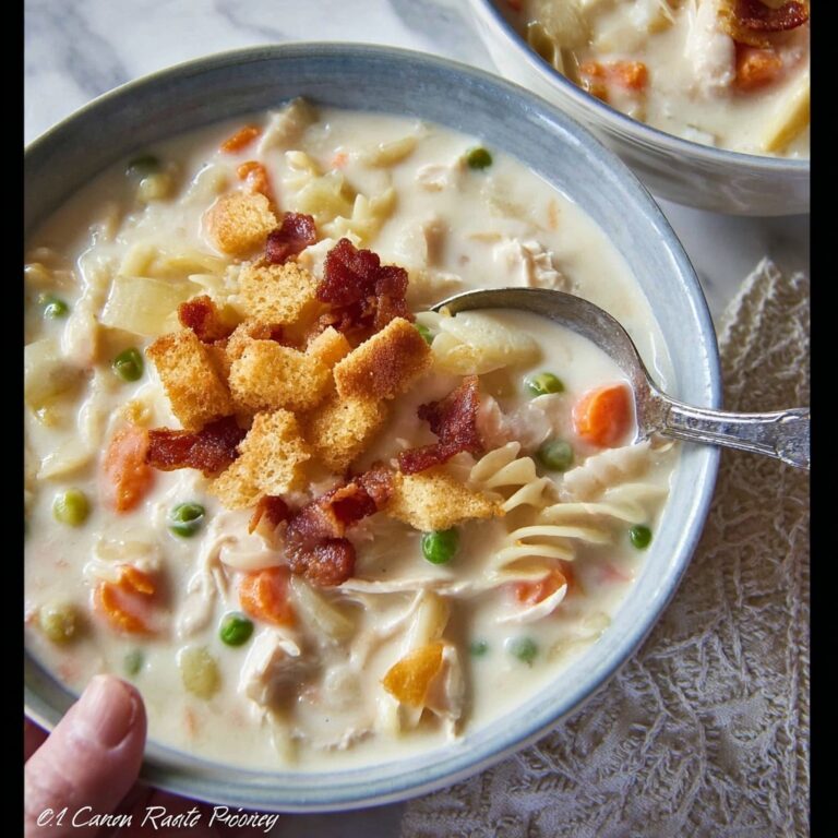 Creamy Chicken Noodle Soup with Mini Croutons Recipe