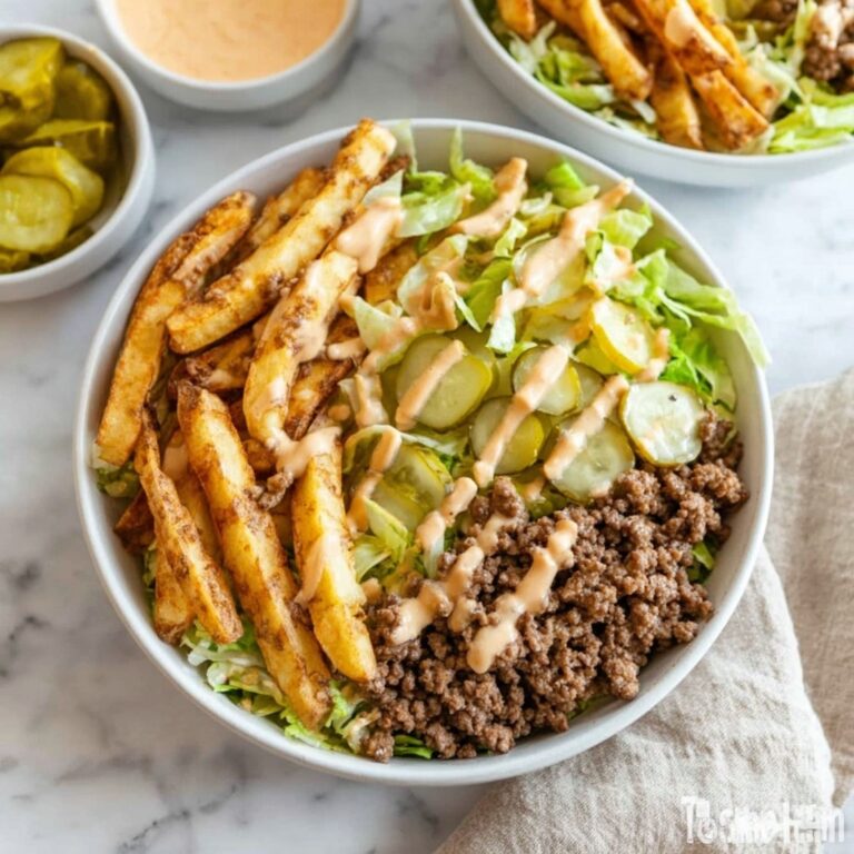 Burger Bowl Recipe with Crispy Potatoes, Ground Beef, and Tangy Sauce Recipe