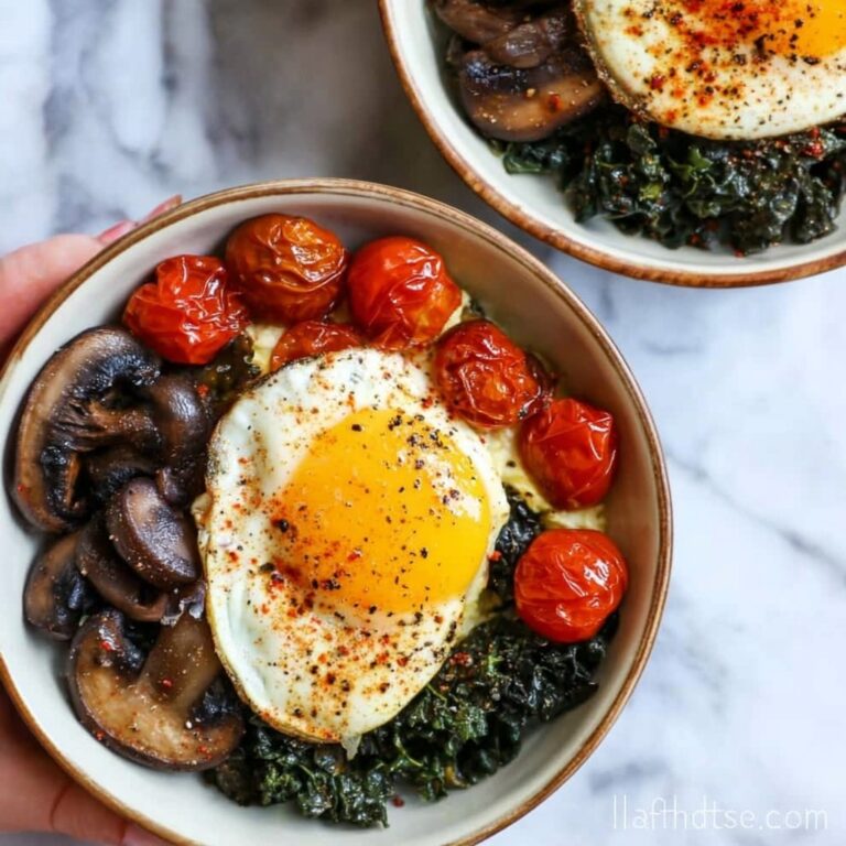 Savory Breakfast Bowls with Mushrooms, Cherry Tomatoes, Spinach, and Hummus Recipe